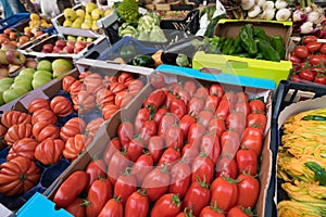 Tomatoes and variety of organic vegetables and fruits in fresh market