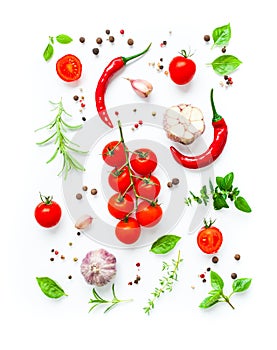Tomatoes and various herbs and spices isolated on white background,