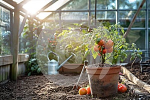 tomatoes on vine, glowing shiny fresh tomatoes AI