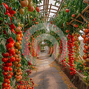 tomatoes on vine, glowing shiny fresh tomatoes AI