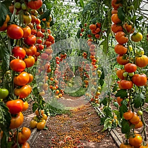 tomatoes on vine, glowing shiny fresh tomatoes AI