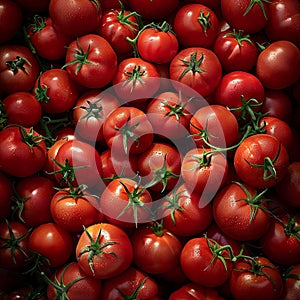 tomatoes on vine, glowing shiny fresh tomatoes AI