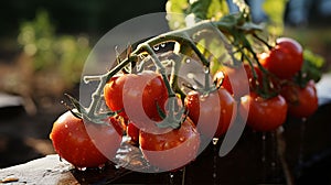 tomatoes on vine, glowing shiny fresh tomatoes AI