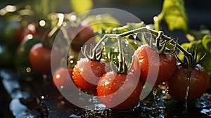 tomatoes on vine, glowing shiny fresh tomatoes AI