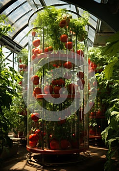 tomatoes on vine, glowing shiny fresh tomatoes AI