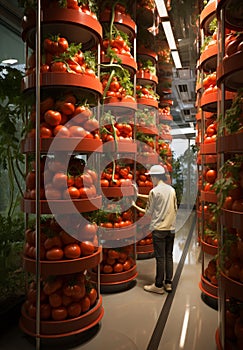 tomatoes on vine, glowing shiny fresh tomatoes AI