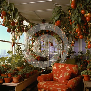 tomatoes on vine, glowing shiny fresh tomatoes AI