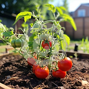 tomatoes on vine, glowing shiny fresh tomatoes AI