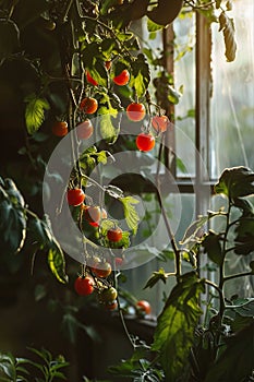 tomatoes on vine, glowing shiny fresh tomatoes AI