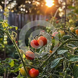 tomatoes on vine, glowing shiny fresh tomatoes AI