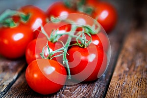 Tomatoes on the vine on rustic wooden background