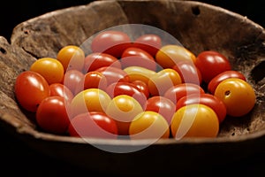 Tomatoes on a wooden plate