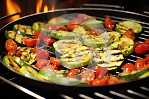 tomatoes and zucchini slices roasting in a grill wok
