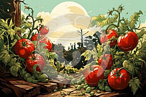 Tomatos life cycle depicted, leaves, flowers, fruits in flat vector cartoon style