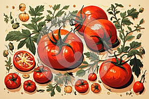 Tomatos life cycle depicted, leaves, flowers, fruits in flat vector cartoon style