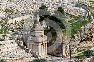 Tomb of Absalom in Kidron Valley, Jerusalem, Israel. View of Mount of Olives and the Jewish cemetery from Kidron Valley