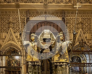 Tomb of Christopher Columbus by sculptor Arturo Melida in the Seville Cathedral in Spain.