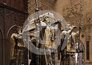 Tomb of Christopher Columbus by sculptor Arturo Melida in the Seville Cathedral in Spain.