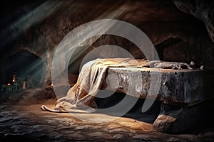 Tomb Empty With Shroud And Crucifixion At Sunrise Resurrection created by generative AI