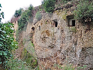 Tomb entrances in the cliff wall of a Via Cava, an ancient Etruscan road carved through tufo cliffs in Tuscany