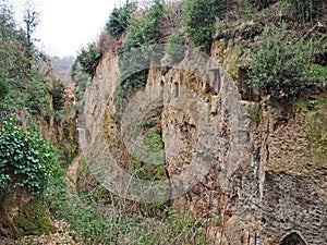 Tomb entrances in the wall of a Via Cava, an ancient Etruscan road carved through tufo cliffs in Tuscany