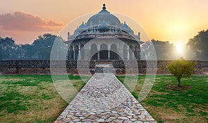 Tomb of Isa Khan, mysterious sunrise view, India
