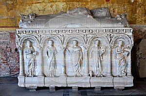 Tomb sculptures in the Monumental Cemetery at the Leaning Tower of Pisa