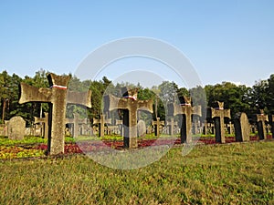 Tomb Stones Crosses at Cemetery of Palmiry Memorial Site, September 2018, Palmiry, Poland