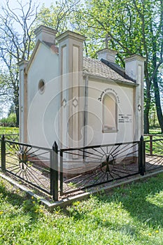 Tomb of the Wessel family in Steblewo, Poland. I am a guest on earth inscription on German language on chapel