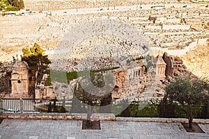 Tomb of Zechariah and Tomb of Absalom and Mount of Olives Cemetery in Jerusalem , Israel