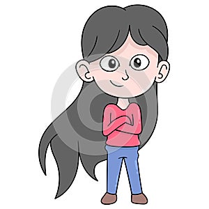 Tomboy girl with long hair is looking cool smiling beautiful, doodle icon image kawaii