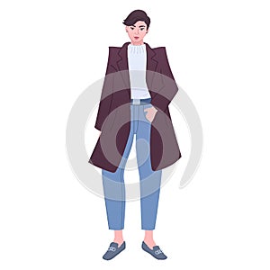 Tomboy lady in classic coatn, fashion outfit sketch