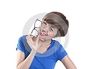 Tomboy looking asian chinese girl holding spectacles