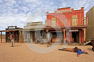 TOMBSTONE, ARIZONA, USA, MARCH 4, 2014: Actors playing the O.K. Corral gunfight shootout in Tombstone, Arizona, USA on