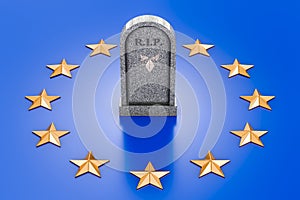 Tombstone on the EU flag. Mortality and life expectancy statistics in the European Union concept, 3D rendering