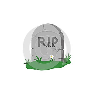 Tombstone with grass and flower with the inscription RIP. Design element isolated on light background.