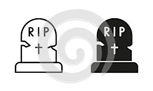 Tombstone on Grave with RIP Text Line and Silhouette Black Icon Set. Grave for Halloween Party Decorating Pictogram