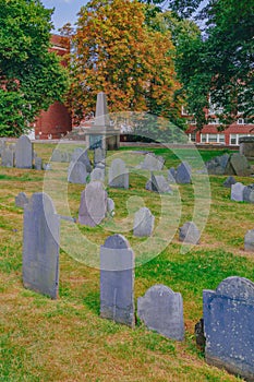 Tombstones in Copp`s Hill Burying Ground in North End, Boston, U