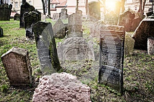 Tombstones in the Josefov cemetery, old ghetto of Prague, Czech Republic