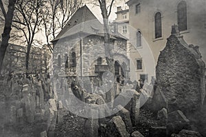 Tombstones on Old Jewish Cemetery in the Jewish Quarter in Prague.There are about 12000 tombstones presently visible