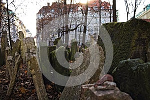 Tombstones in the Old Jewish Cemetery in Josefov district Prague, Czech Republic