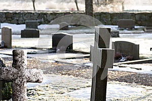 Tombstones on winter day