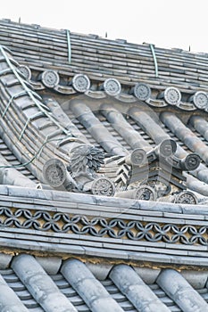 Tomebuta-Gawara (Cover tile) roof detail of Genkan-mon gate of Higashi Hongan-ji. Kyoto, Japan.