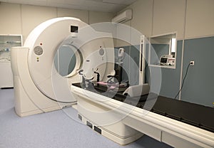 Tomograph at the cancer hospital. An MRI scanner is installed. Empty MRI, CT scanner.