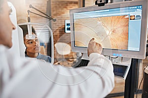 Tomography, medical and ophthalmology with eye exam and doctor for vision, healthcare and screening test. Lens, review