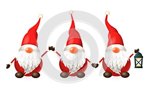Tomte, Nisse, Tomtenisse - three happy cute Scandinavian gnomes celebrate winter solstice - vector illustration isolated on white
