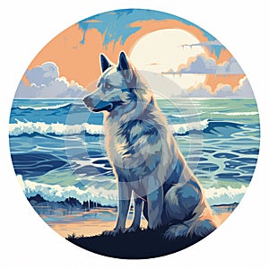 Tonalism Inspired Circle Painting Of Akita Dog At Surfers Paradise Beach