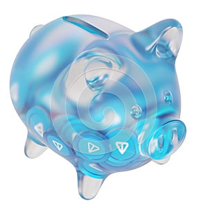 Toncoin (TON) Clear Glass piggy bank with decreasing piles of crypto coins.