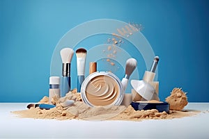Beauty makeup set face cosmetics brush professional background foundation powder colorful skin