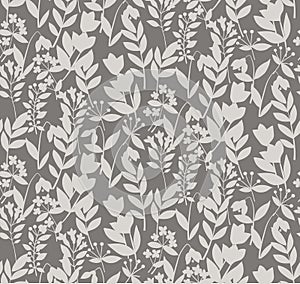 Tone on tone grey floral silhouette vector seamless pattern